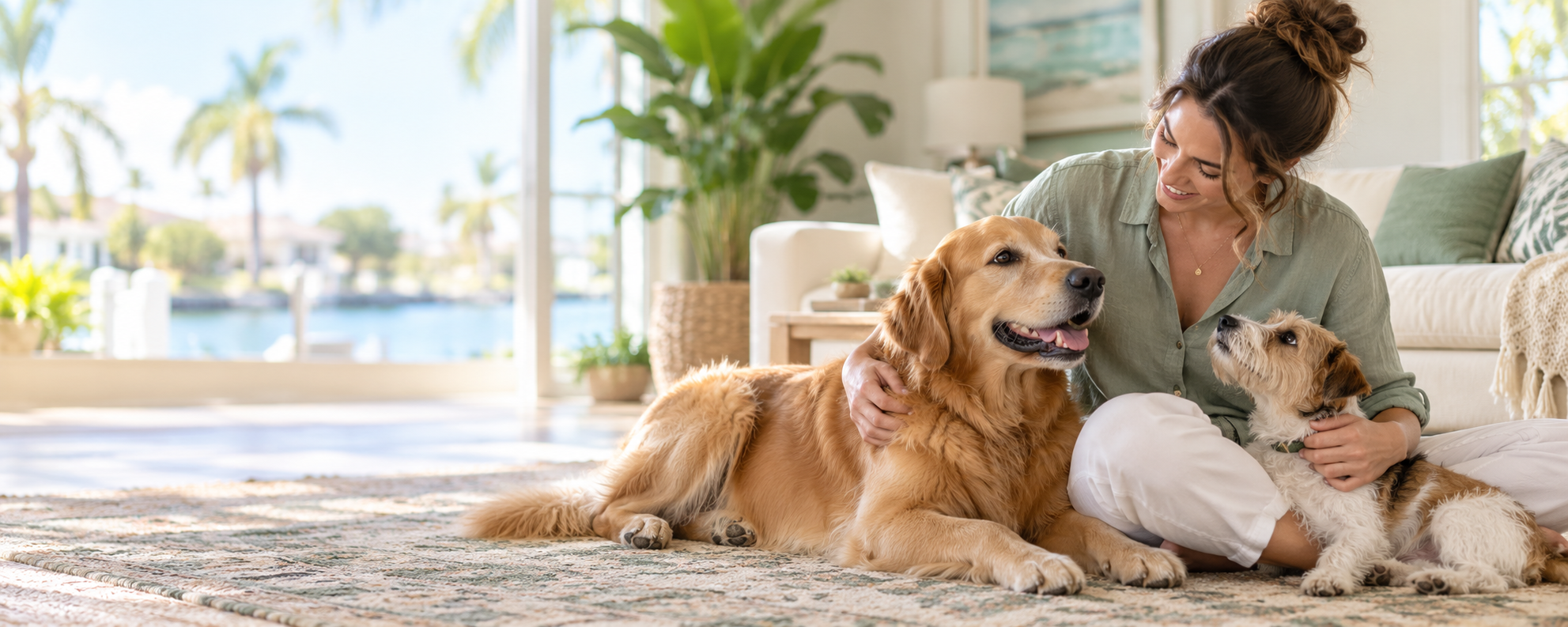 A pet sitter spending time with two dogs in a comfortable home